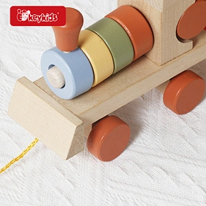 Wooden Pull-Along Train Stacking Toy Set - Including Shape Matching Blocks & Colorful Stackable Carriages W05C008B
